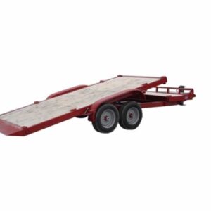 A red trailer with a ramp on the back.